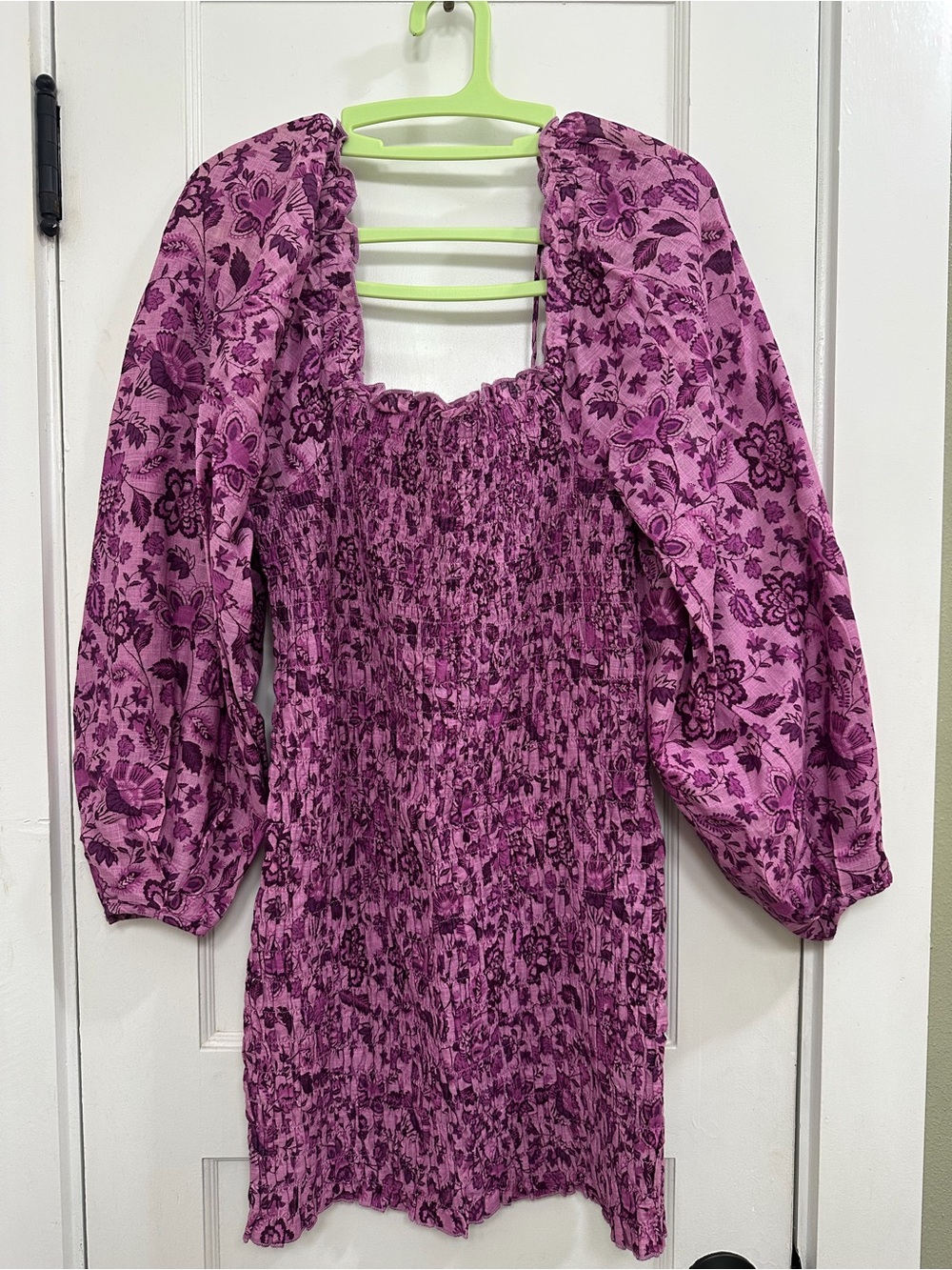 FREE PEOPLE Smocked Floral Puff Sleeve Mini Dress - Purple